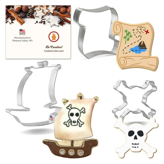 Foose Cookie Cutters 3-Piece Birthday Pirate Cookie Cutter Set Metal Shapes Made in USA, Silver
