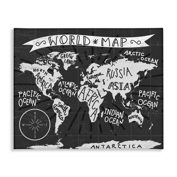 Stupell Industries Contemporary Kids World Map Black and White Nursery Design Canvas Art, 20 x 16, by Lil' Rue