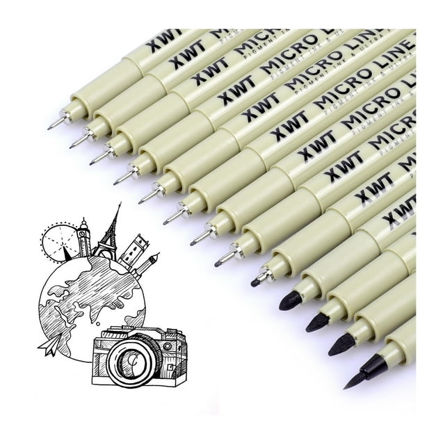 Set de 12+1 rotuladores finos negros impermeables para dibujo XWT