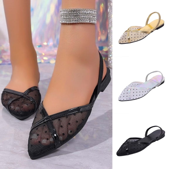 Miluxas Women’s Polka Dot Mesh Slingback Flats, Crisscross Strap Pointed Toe Slip On Mules, Breathable Sheer Summer Dress Shoes Silver 9.5(43)