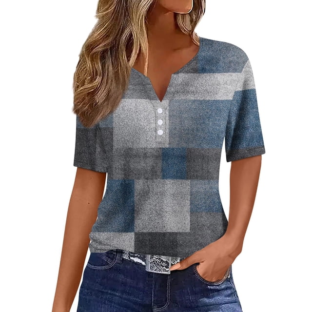 Camiseta para Mujer Camiseta con Estampado de Botones Manga Corta Diario Fin de Semana Moda Básica Cuello en V Top Regular Azul Real/S