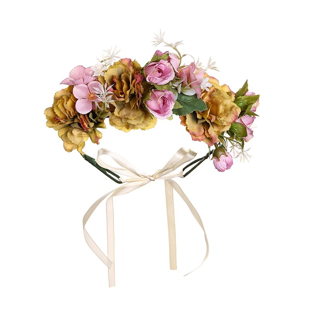 Bridal Flower Garland Artfen Headband Flower Crown Hair Wreath Halo  Adjustable Ribbon Wedding Festivals Red Bean Paste
