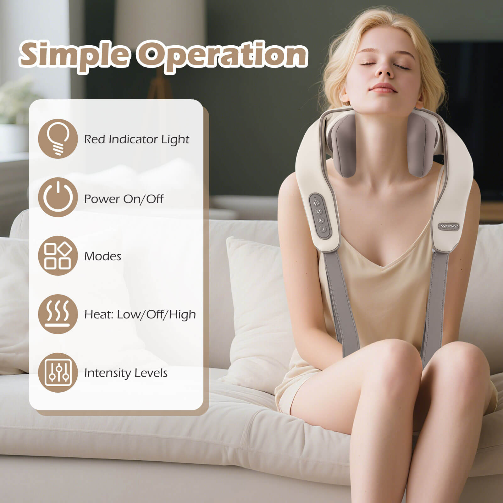 Costway Neck Shoulder Massager with 2 Heating Levels & Adjustable Intensity Beige