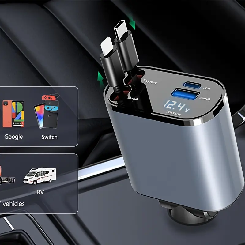 4 In 1 Retractable Car Charger, Fast Car Phone Charger 60W Retractable Cables (2.6Ft), 2 USB Ports Car Charger Adapter,