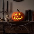thumbnail image 4 of 9 Inch Halloween LED Light Up Jack O Lantern, Cute Pumpkin Decor, Warm Glow for Fireplace Mantel Window Sill Porch Yard Halloween Party Home Decor, 4 of 6