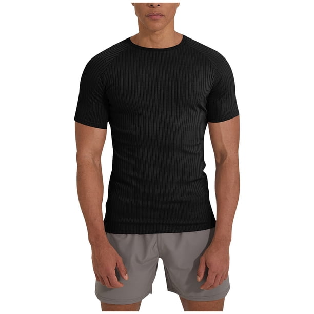 Tops de Manga Corta de Cuello Alto para las Mujeres Inserto de Hombro de Color Sólido Pullover Deportivo de Alta Elasticidad con Costillas Top de Cuello Redondo