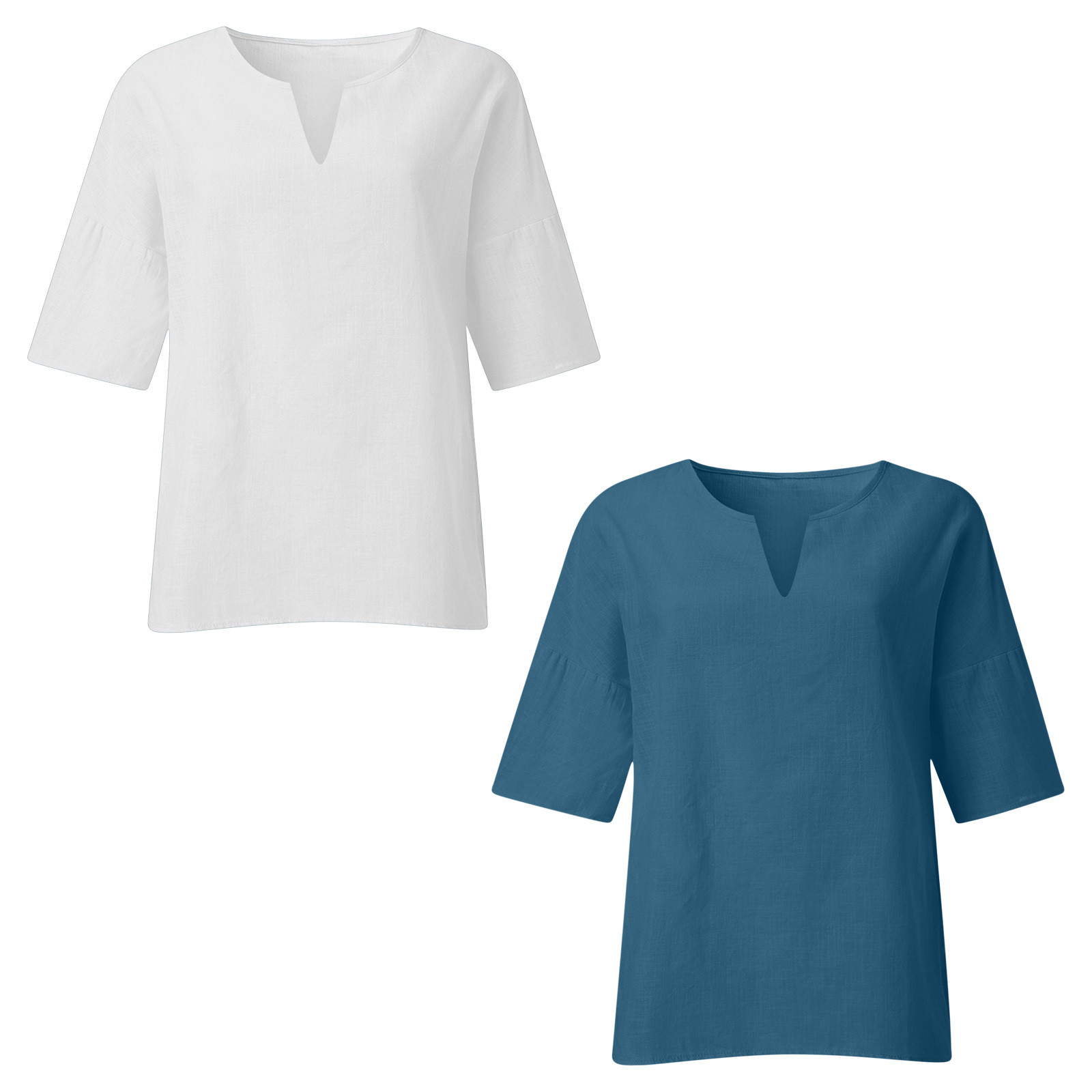 tklpehg 2PC Womens 3/4 Sleeve Tunic Plus Size V-Neck Going Out Tops Comfy Tunic Tops Lightweight Classic Solid Color Loose Casual Blouses (Blue,XXL)