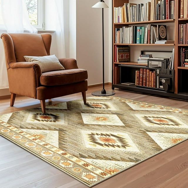 BESTSWEETIE Area Rug 4x4 for Living Room Southwest Washable Rugs Western Aztec Soft Low Pile Non Slip Print Pattern Indoor Carpet for Bedrooms Dining Room, Cream Camel