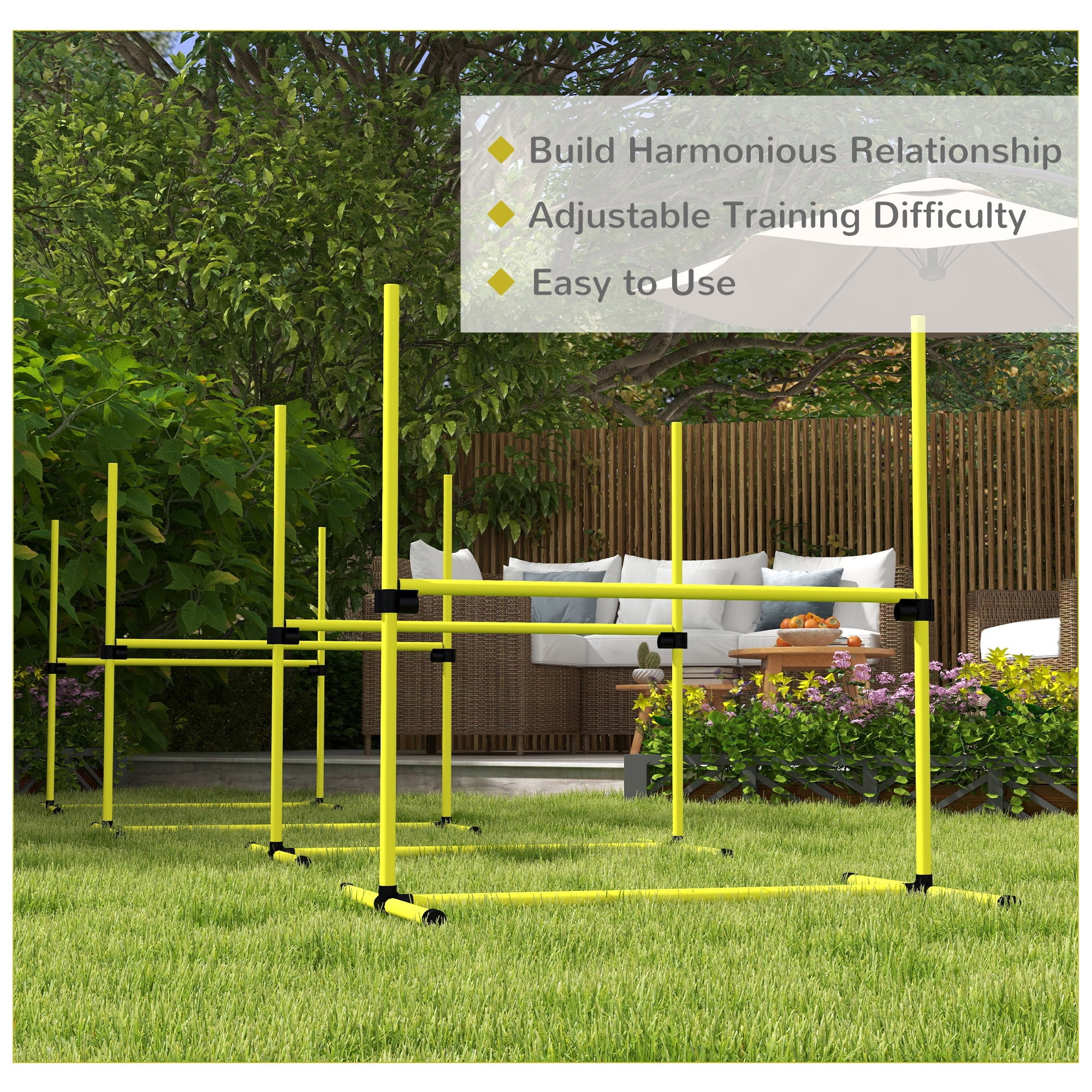 4 Piece Dog Agility Training Equipment for Dog Agility Course with Adjustable Height Jump Bars, Included Carry Bag, & Displacing Top Bar, Yellow
