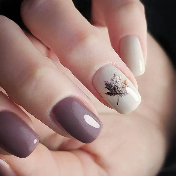 Uñas Postizas AROVFAM Hojas de Arce Otoño 24 Piezas Cuadradas Cortas