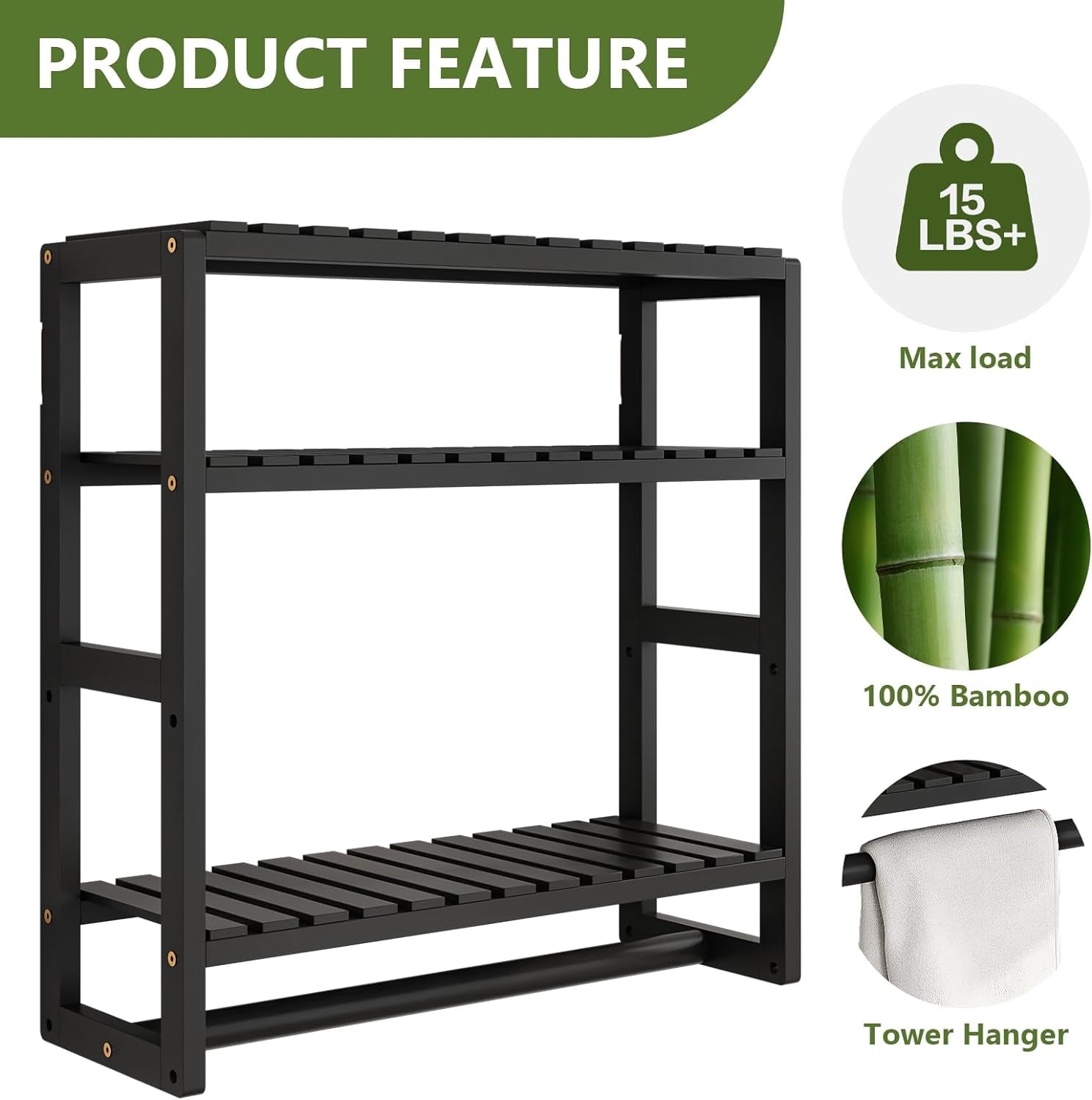 Bamworld Bathroom Storage Shelves Black 3-Tier Floating Bathroom Shelves