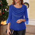 thumbnail image 2 of Vinsonshop Womens Sparkly Sequin Cowl Neck Top 3/4 Bell Sleeve Shiny Blouse Loose Fit Draped Pullover Casual Party Tunic Festive Holiday Evening Fall Winter Blue XL, 2 of 4