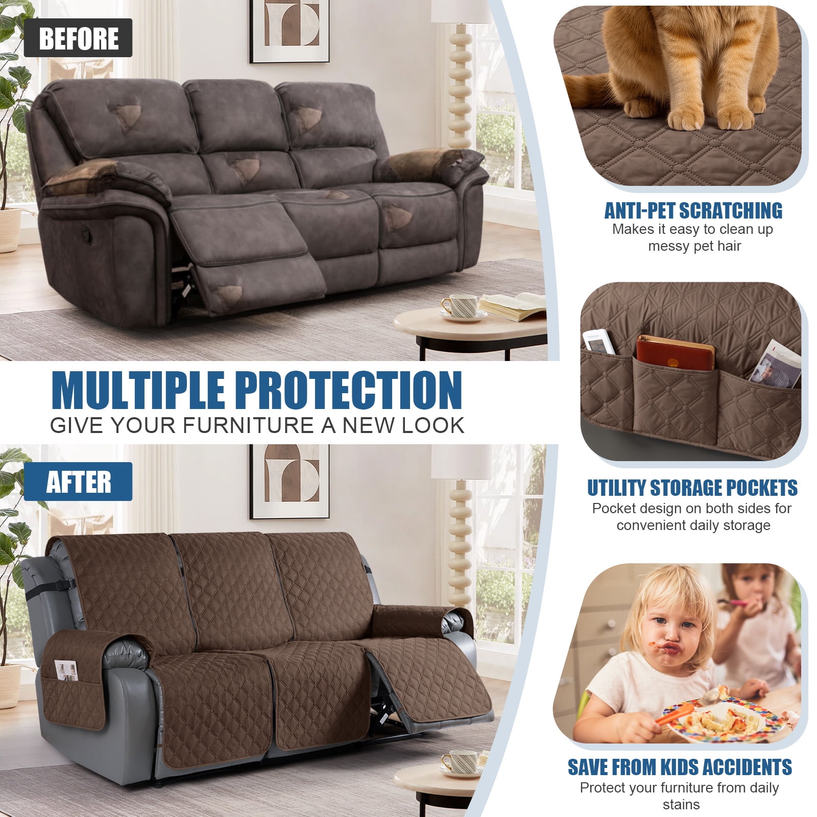 Timeles Waterproof Recliner Sofa Covers, Recliner Couch Covers with Leg Straps, Reversible Recliner Covers for 3 Seat Reclining Chair, Washable Sofa Protector for Pets Kids (Brown)