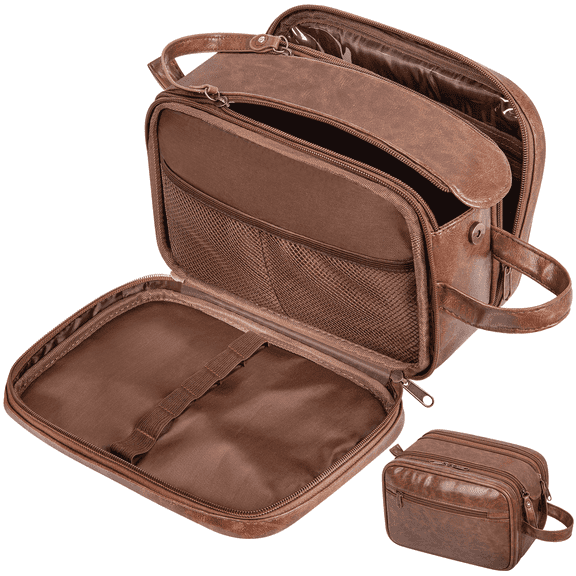 Large Travel Toiletry Bag for Men and Women, PU Leather Water Resistant Shaving Bag for Toiletries Accessories, Hanging Storage Bag Dopp Kit Travel Bag for Cosmetics Toiletries Brushes Tools, Brown