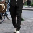 thumbnail image 2 of Styesk Pantalon Homme Décontracté Taille Élastique Rayé Poches Coton Lin Pantalon, 2 of 7