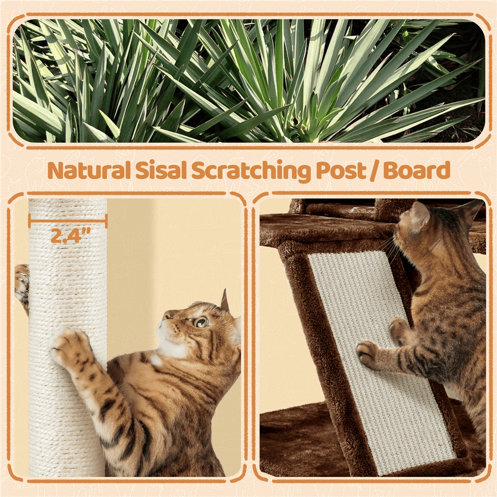 Alden Design 57.5" Double Condo Cat Tree with Scratching Post Tower, Brown