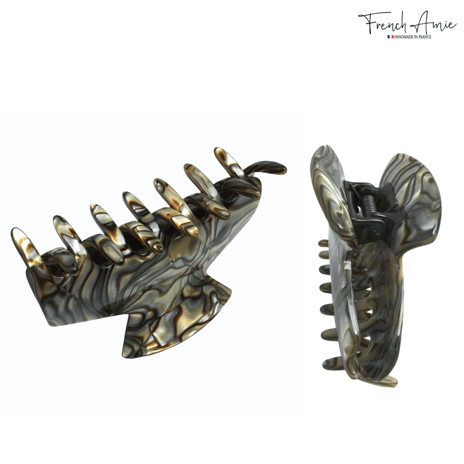French Amie Chic Onyx Grey Handmade Celluloid Large Jaw Hair Claw Clip Clutcher