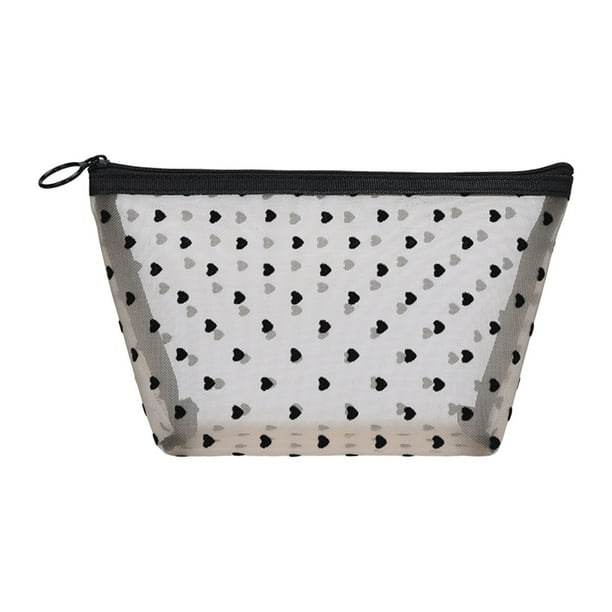 Bolsa de maquillaje de malla con estampado de corazones, bolsa de almacenamiento, bolsa pequeña portátil y transpirable con cremallera, multifuncional y de gran capacidad para estudiantes