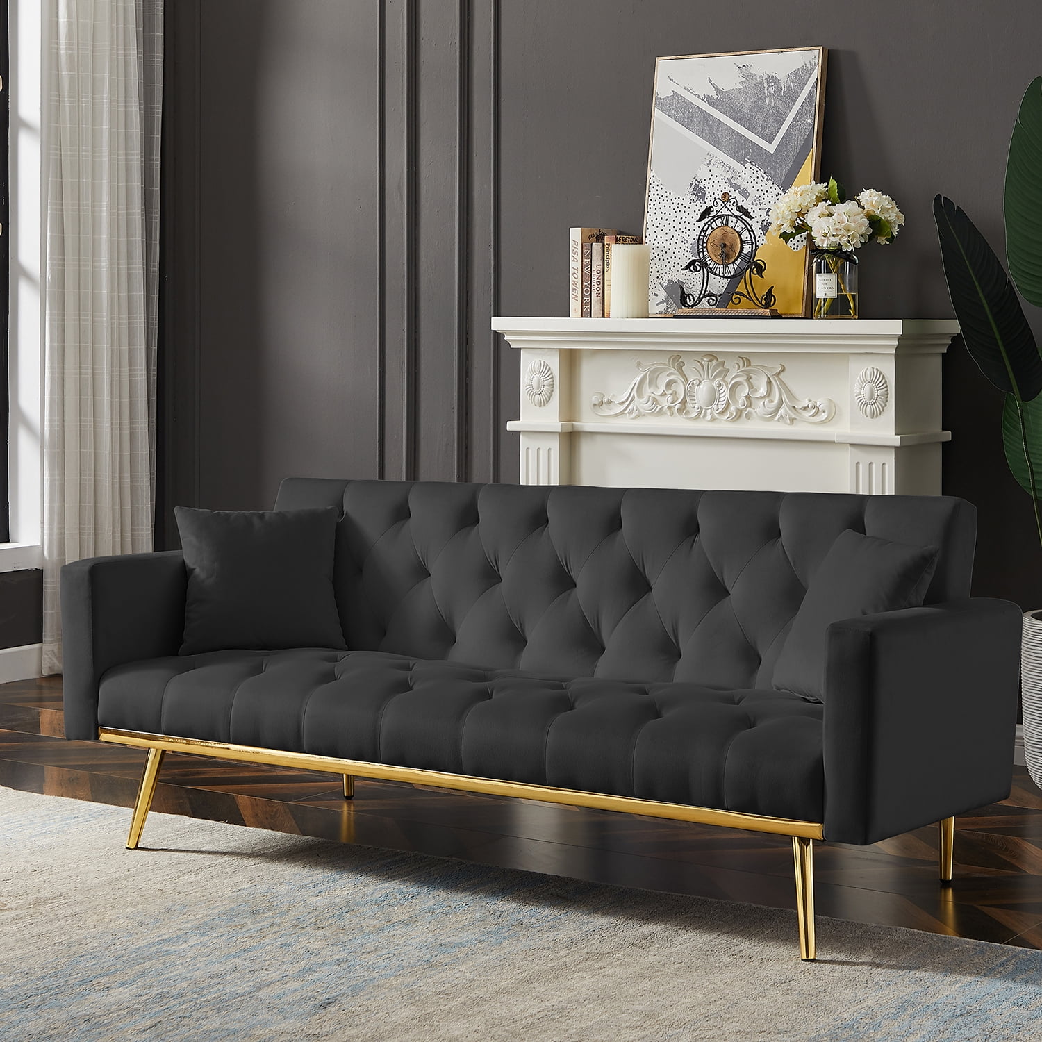 Kadyn Upholstered Convertible Futon Couch, Folding Sofa Bed with Armrests, Modern Velvet Futon Sofa Bed for Living Room, Compact Living Space, Black