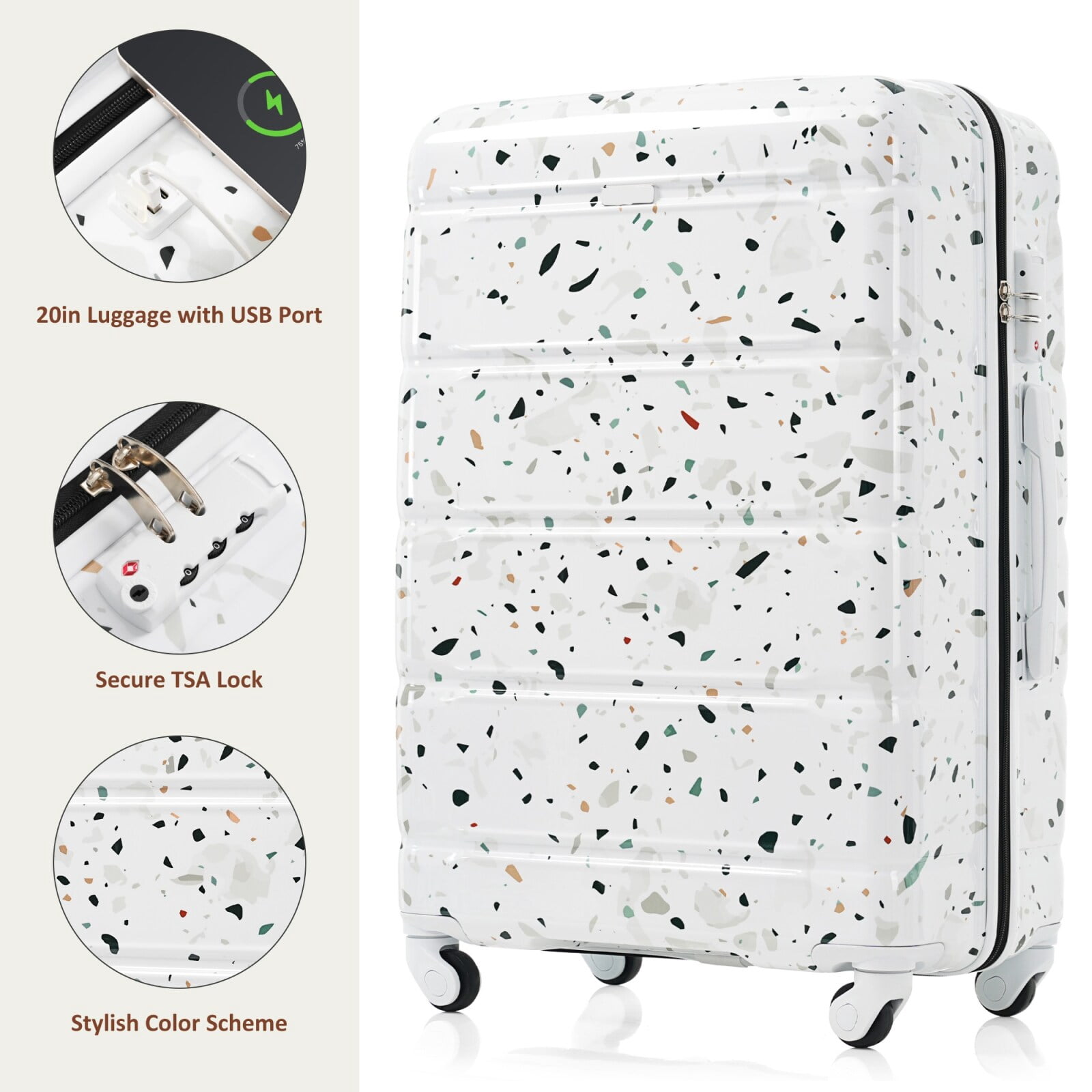3-Piece 20-Inch ABS+PC Hard Shell Luggage Set with USB Port & Spinner Wheels, Airline Certified Carry-On, Starry Sky White