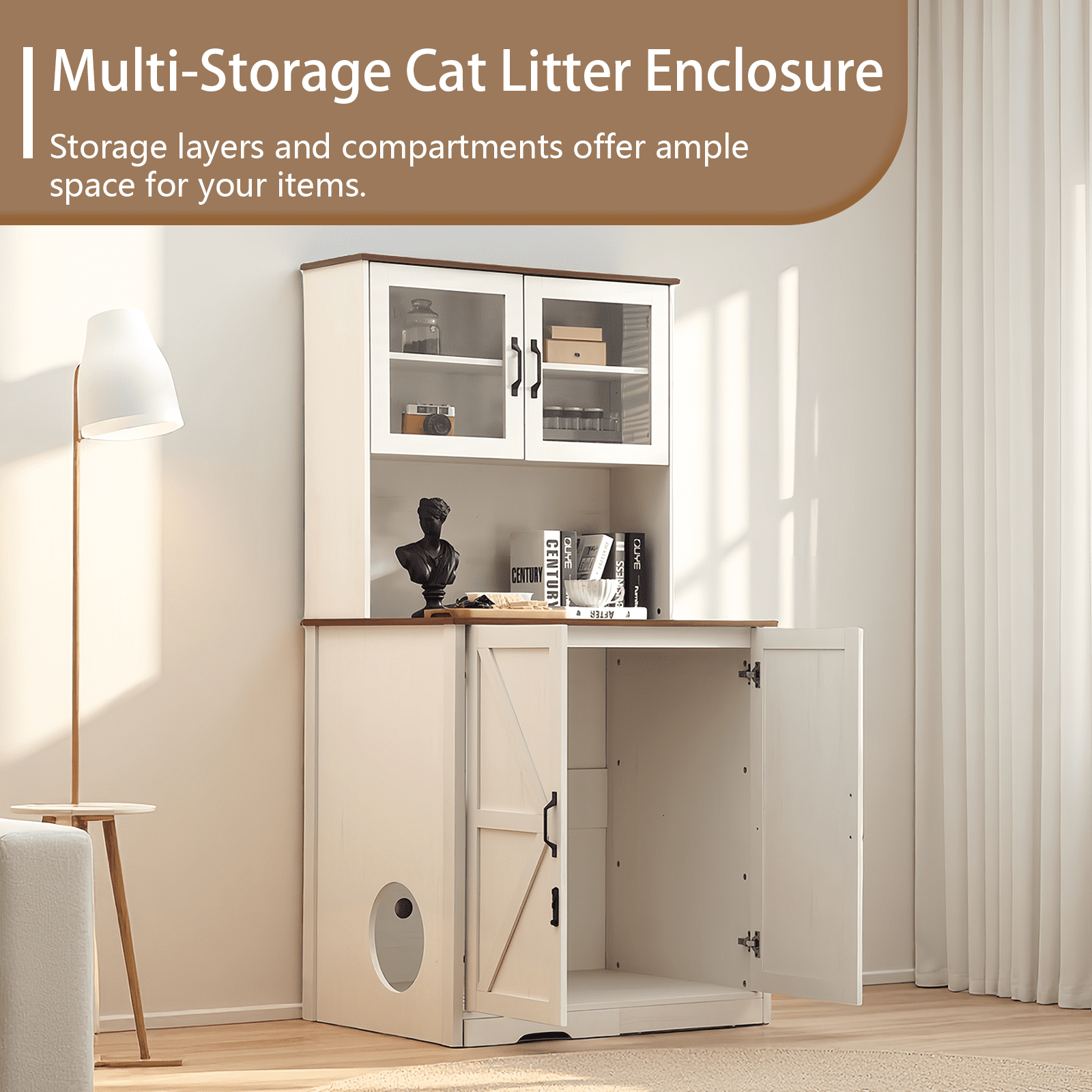 Oversized Cat Litter Enclosure for Self-Cleaning Cat Litter Boxes, Wooden Cat Litter Cabinet  with LED Lighting, an Adjustable Shelf & Doors
