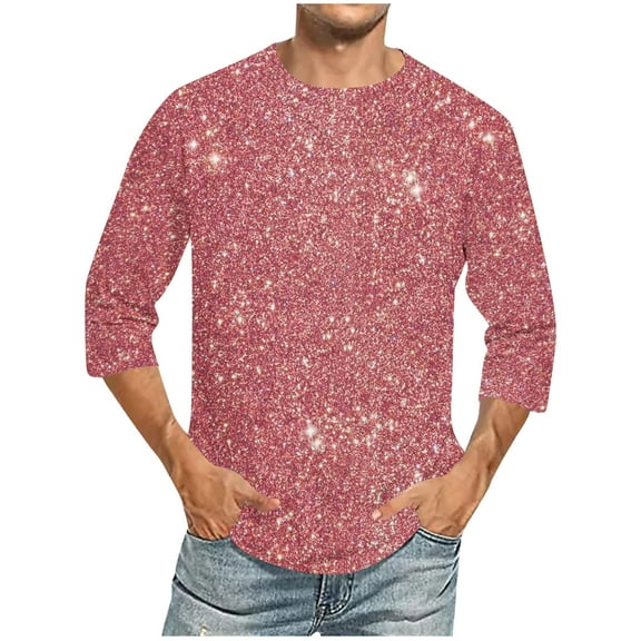 Maean Men Big and Tall Shirts Sequin Printed Crewneck 3/4 Sleeve Causal Tshirts Nightclub Party Shirt Top