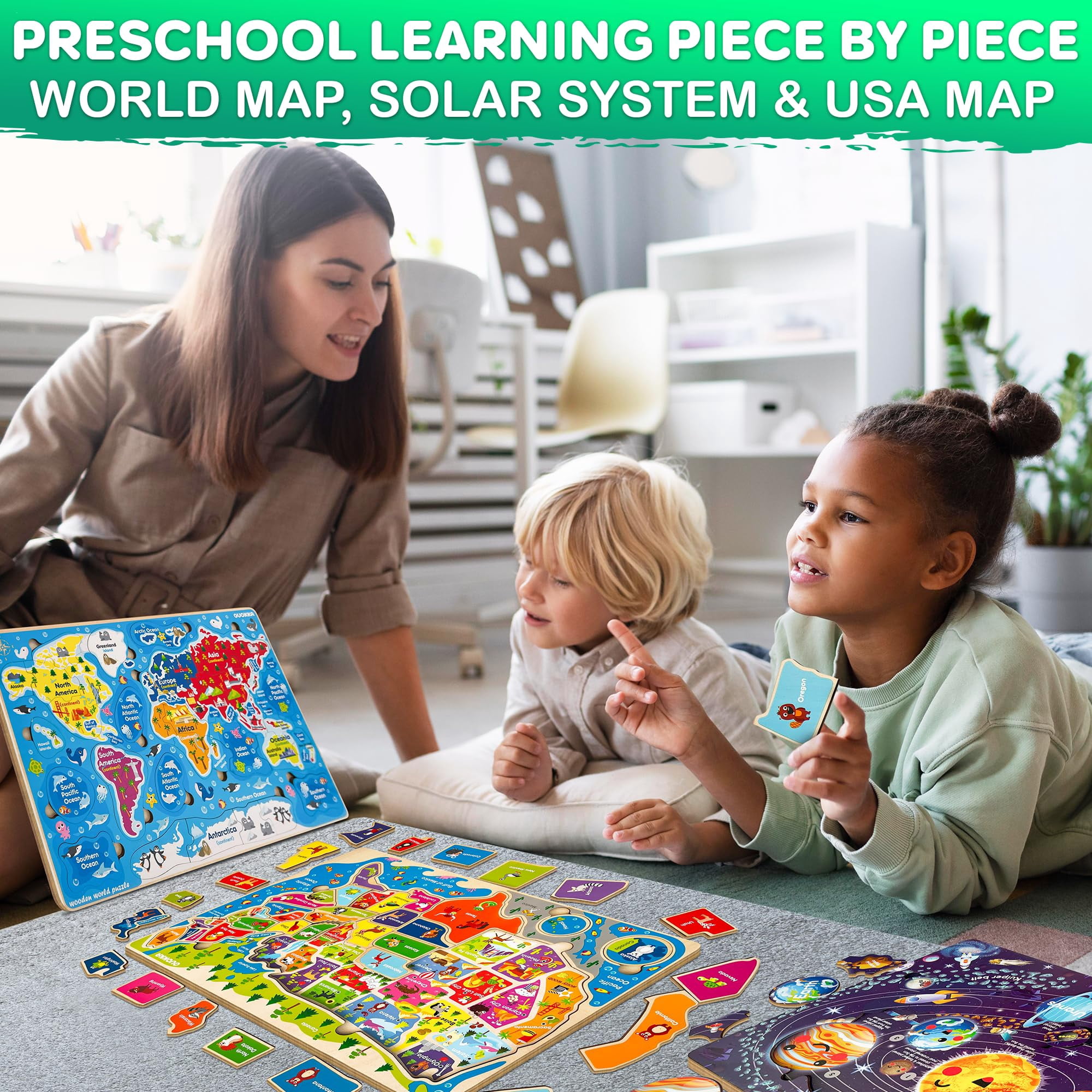 Quokka Educational Wooden Jigsaw Puzzles for Kids Ages 3-6 - World, Space & USA