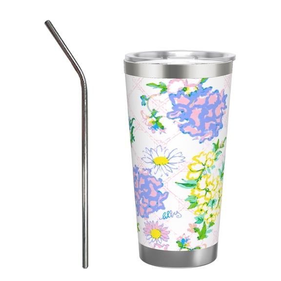 20oz Watercolor Floral Lattice Insulated Tumbler with Handle and Straw Spring Garden Travel Coffee Cup Gift with Stainless Steel Straw