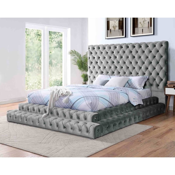 Stylish Gray Flannelette 1pc King Size Step Up Platform Bed, Tufted Oversized HB Bedroom Furniture