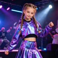 thumbnail image 5 of Kid Girls Metal Cropped Hoodie Y2k Glitter Hooded Sweatshirt Shiny Pullover, 5 of 6
