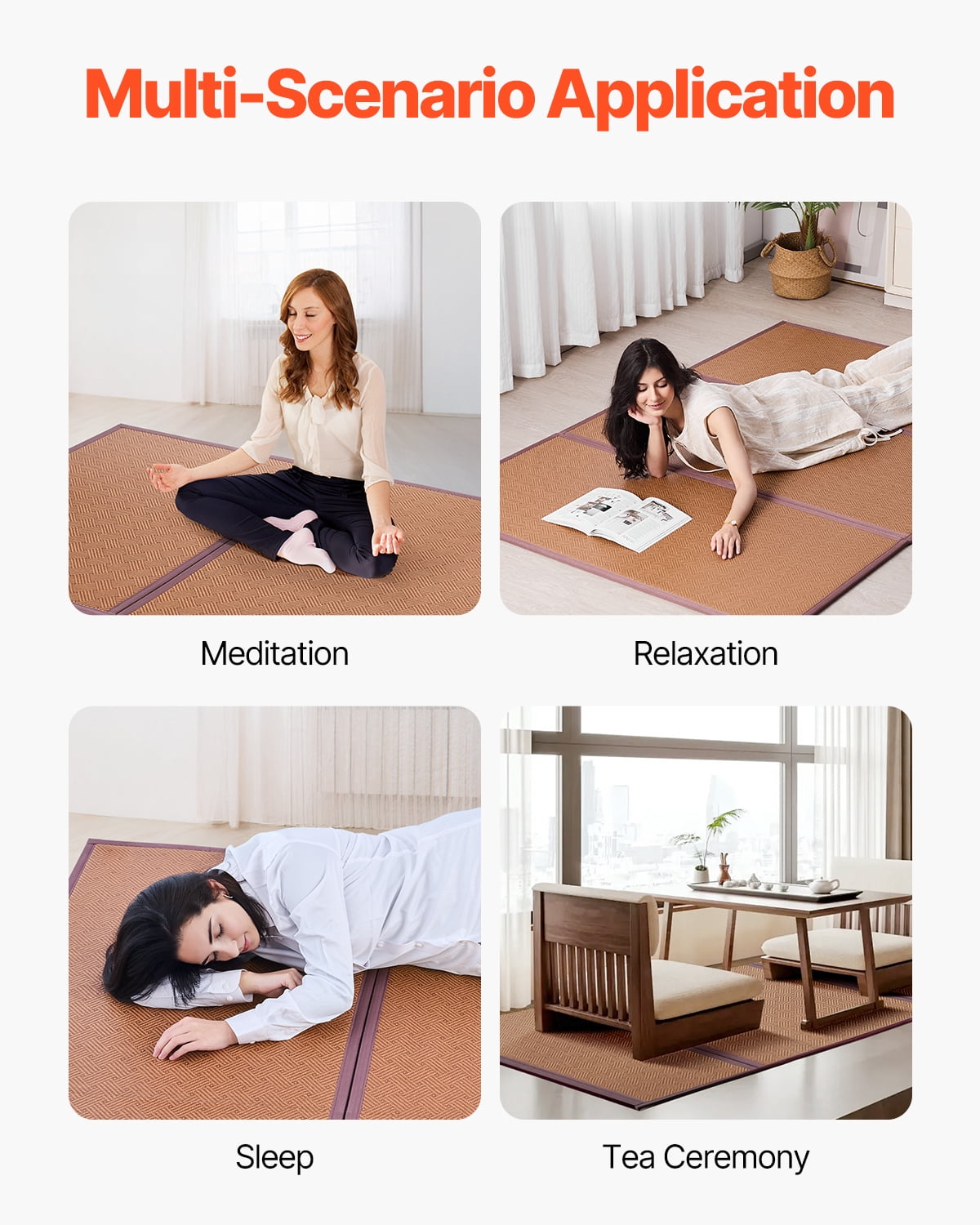 VEVOR Japanese Tatami Mat, 80 x 55 in Foldable Handwoven Natural Rattan Tatami Mat, Non-Slip & Easily Cleaned Japanese Tatami Floor Mat, Summer Breathable Sleeping Mat for Meditation Yoga Relaxation