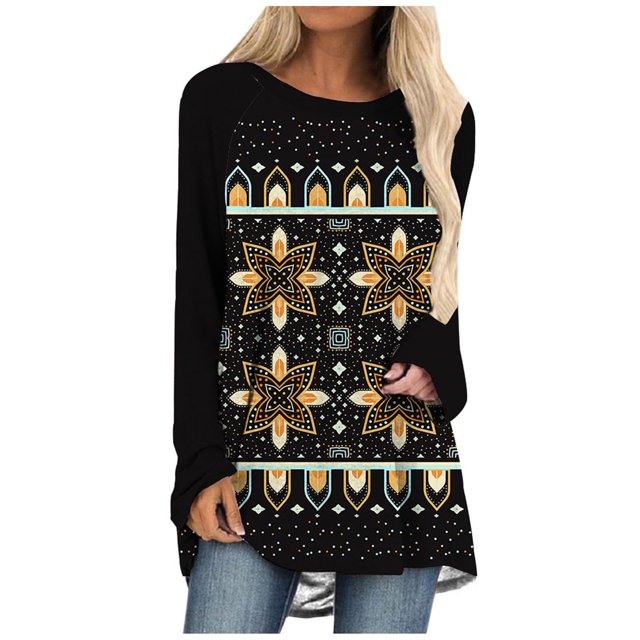 Mujeres Casual Tribal Wind Impreso Manga larga O-cuello Pullover Blusa Camiseta Tops Pompotops FGAJ1181