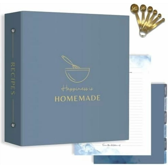 Recipe Binder, Dusty Blue Recipe Binder with Plastic Sleeves, Recipe Binders with Gold Measuring Spoons, Blank Recipe Binder Italian Leather, Recipe Organizer Binder, Recipe Binder Kit