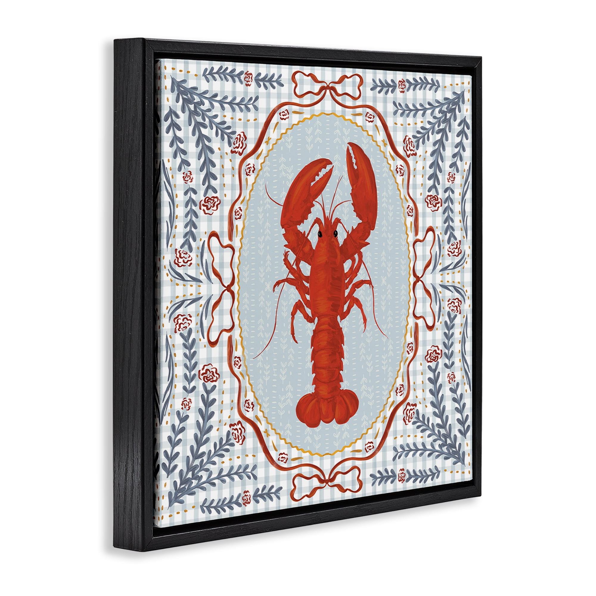 Stupell Industries Lobster Portrait Blue Gingham Black Framed Floater Canvas Wall Art, design by Vero Illustrates
