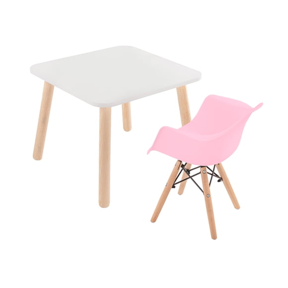 Mesa cuadrada con silla Eames con descansabrazos infantil  (Rosa)