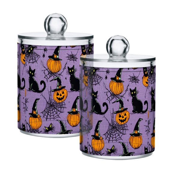 Yayeee 2 Pack Qtip Holder Bathroom Cotton Swab Canister with Lid Clear Dispenser Set, Halloween Pumpkin