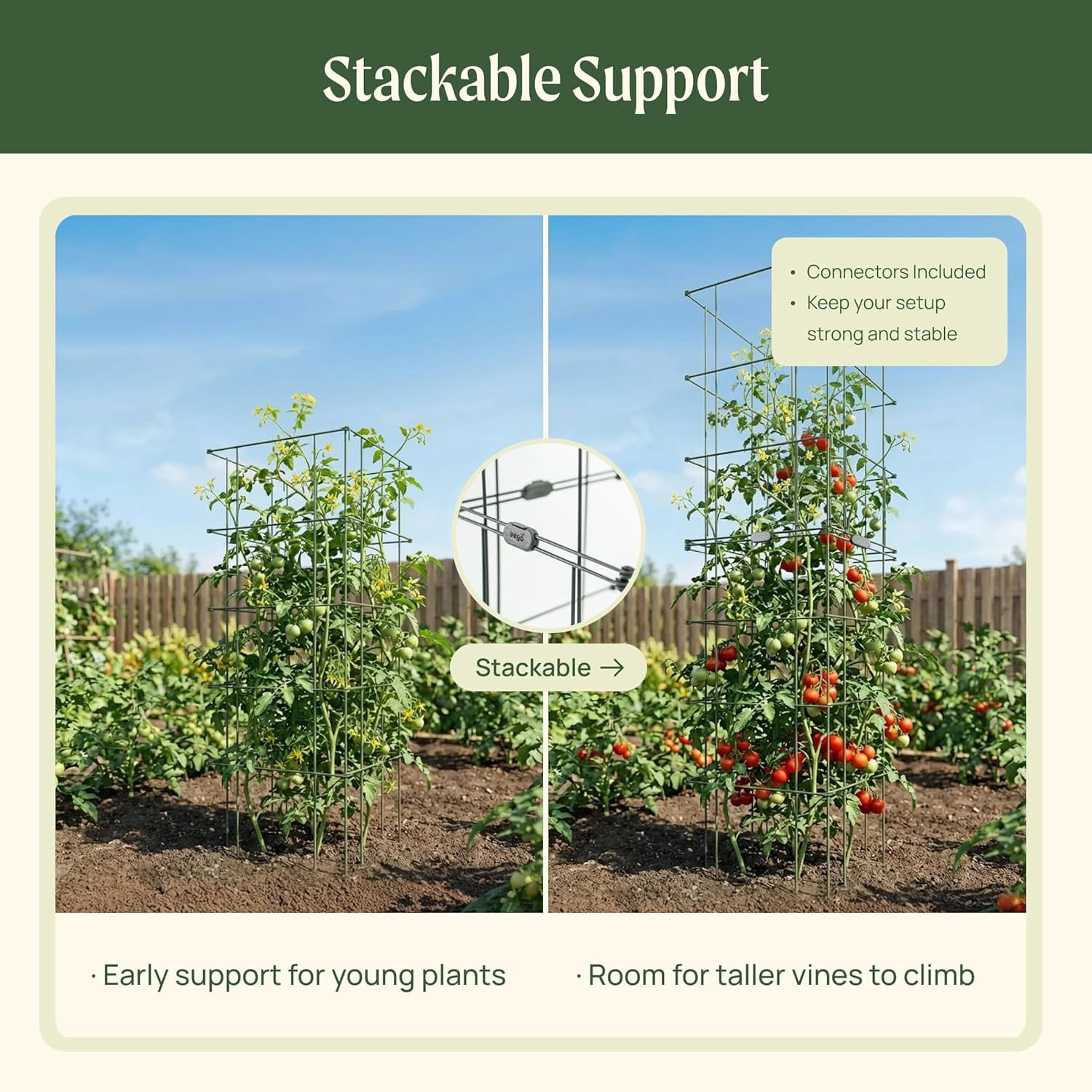 Librala Tomato Cage 16.5" Square Heavy-Duty for Garden & Pots, Rust-Resistant Tomato Stackable Heavy Gauge Plant Cage Trellis Support for Climbing Vegetables Plants