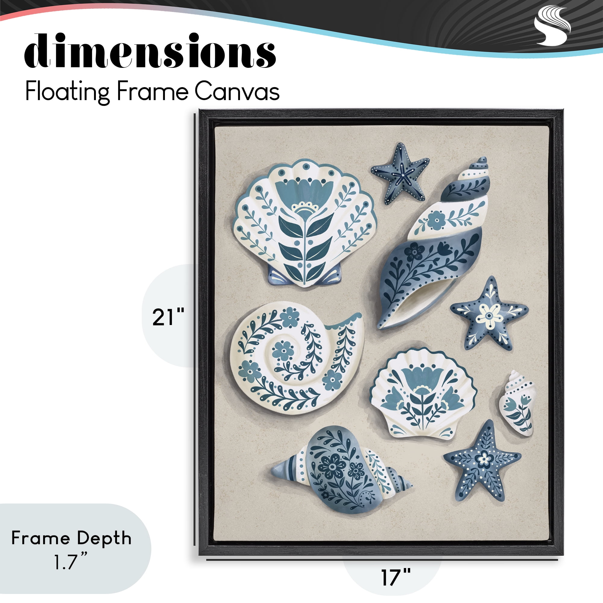 Stupell Industries Teal Nautical Floral Seashells Black Framed Floater Canvas Wall Art, design by Penny Aguilera