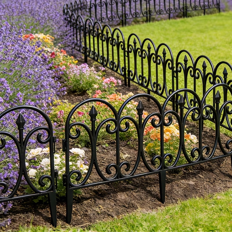 Set of Six Decorative Garden Fence Panels and Borders, Durable Plastic Outdoor Landscape Edging Fencing with End Caps, Ideal for Patio, Yard, Flower Bed, and More. Simple Installation