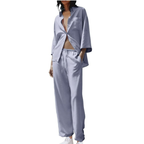 Ltctricy Womens 2 Piece Lounge Sets Long Sleeve Lapel Button down Shirts and Loose Pants Casual Fall Outfits