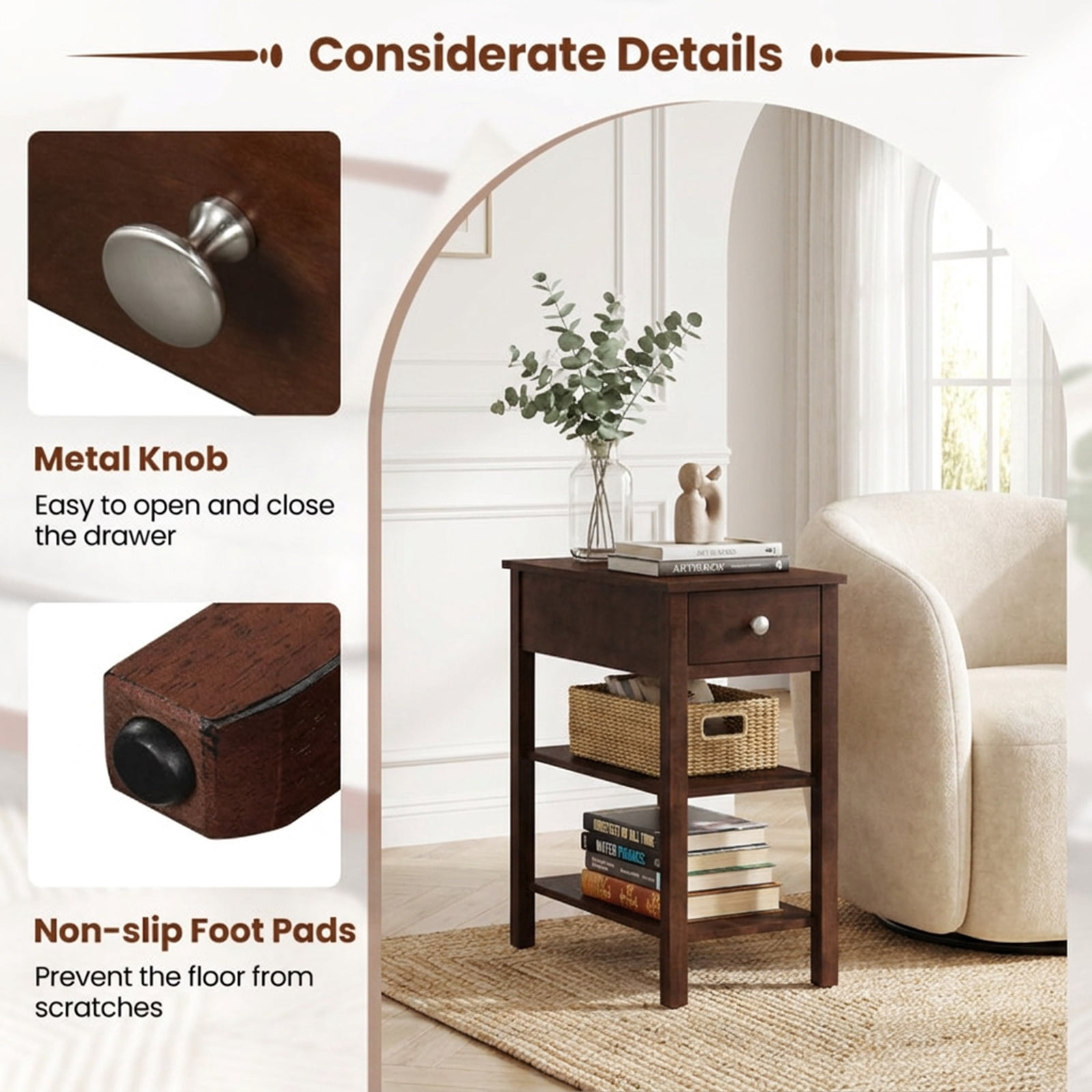 Furnibear 3 Tier Narrow End Table Set of 2 with Pull Out Drawer and Open Storage Shelves and Rubber Wood Legs for Bedroom Living Room, Walnut