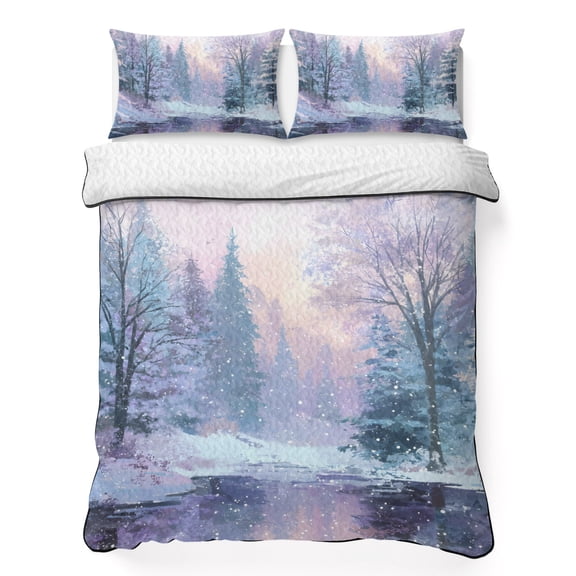 Twin Quilt Set 68''x86'', Winter Forest Lightweight Summer Bedspread Coverlet Set with 2 Pillow Shams, Natural Forest Lake Snow Scene Colorful Breathable All Season Quilt Bedding for Dorm/Bedroom
