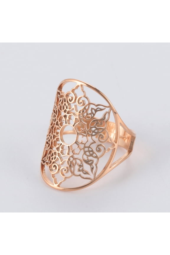 Mandala The Healing Amulet Rosegold Ring Vintage Filigree Resizable Ring Talisman for Good Health Stainless Steel Jewelry