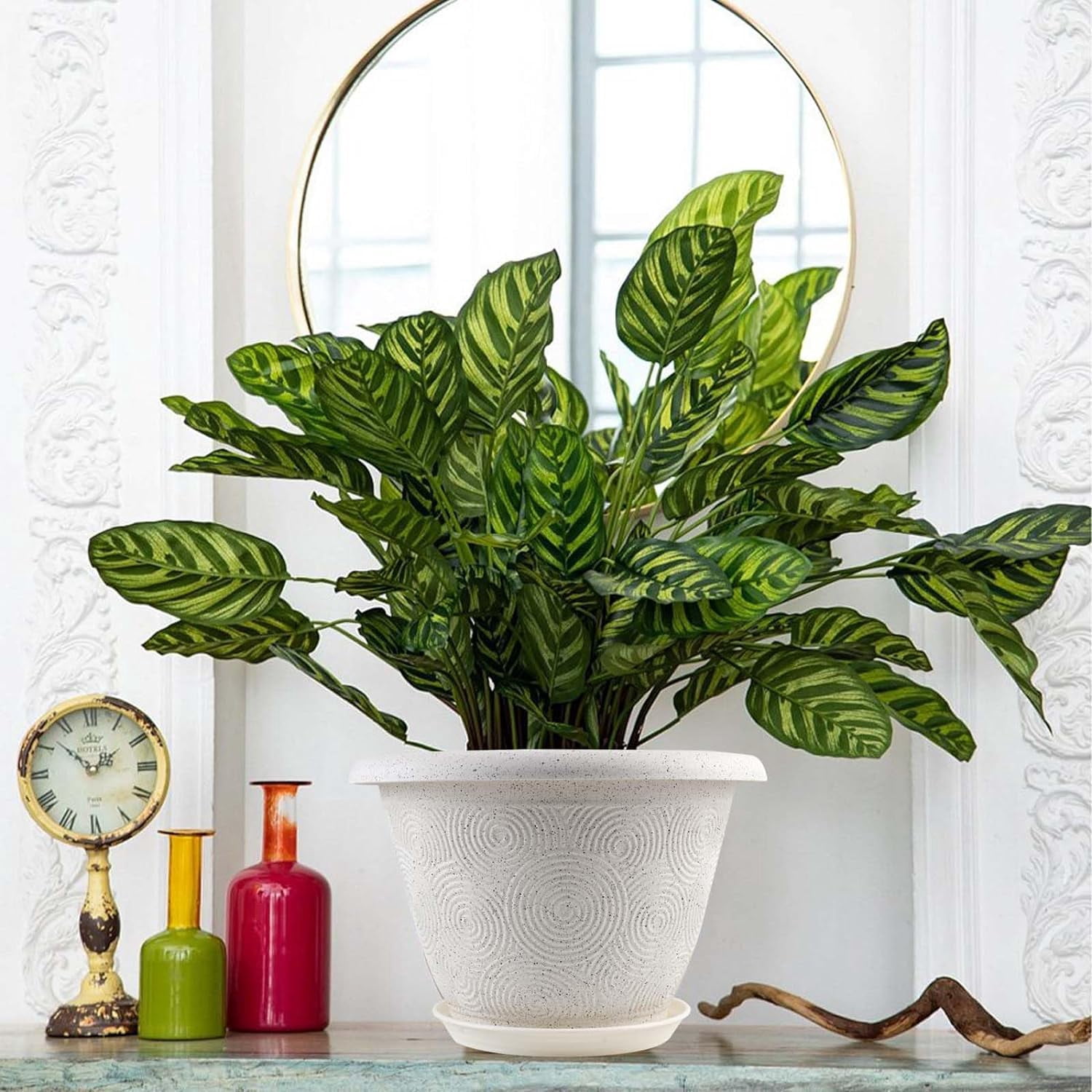 DEA Plastic Flower Pots Planters for Indoor Plants,4 Pack 16 Inch White Plant Pots with Drainage Hole&Tray,Modern Decorative Large Plant Pot with Saucer for Indoor Outdoor Plants Garden House Planter