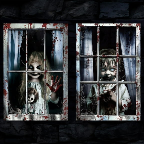 2 Pcs Scary Halloween Curtain Window Silhouette Cover Decoration Blood Horror Theme Poster for Indoor Outdoor Party Wall Door