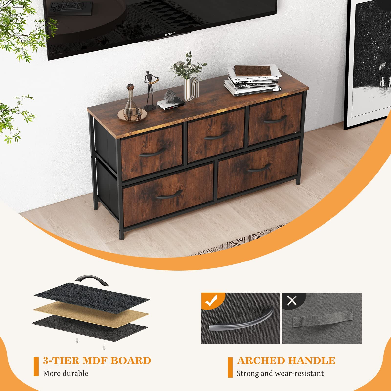CONCETTA Dresser for Bedroom, 5 Fabric Drawers Dresser, Clothes Cabinet Storage Organizers and Wood Top Surface Table for TV, Chest of Drawers for Living Room, Hallway