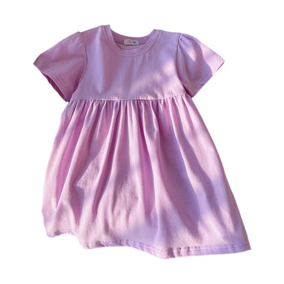 Rggeeun Girls Summer Casual Dress Solid Color Elastic Waist Comfortable Play Dresses Toddler To Kids Lightweight Breathable Daily Wear Lovely O-Neck Sundress