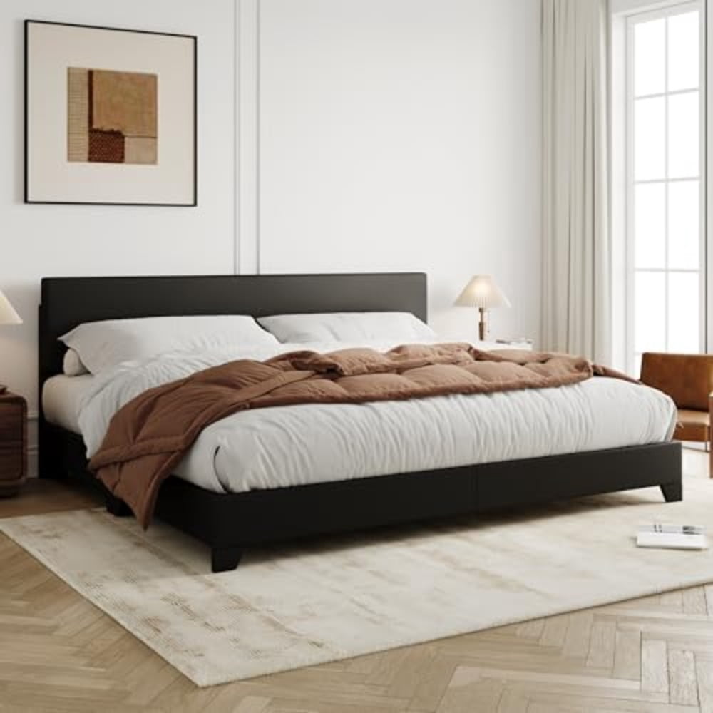 King Size Bed Frame with Adjustable Headboard, Faux Leather Platform Bed with Wood Slats, Heavy Duty Mattr Foundation, No Box Spring Needed, Noise-Free, Ey sembly, Bla