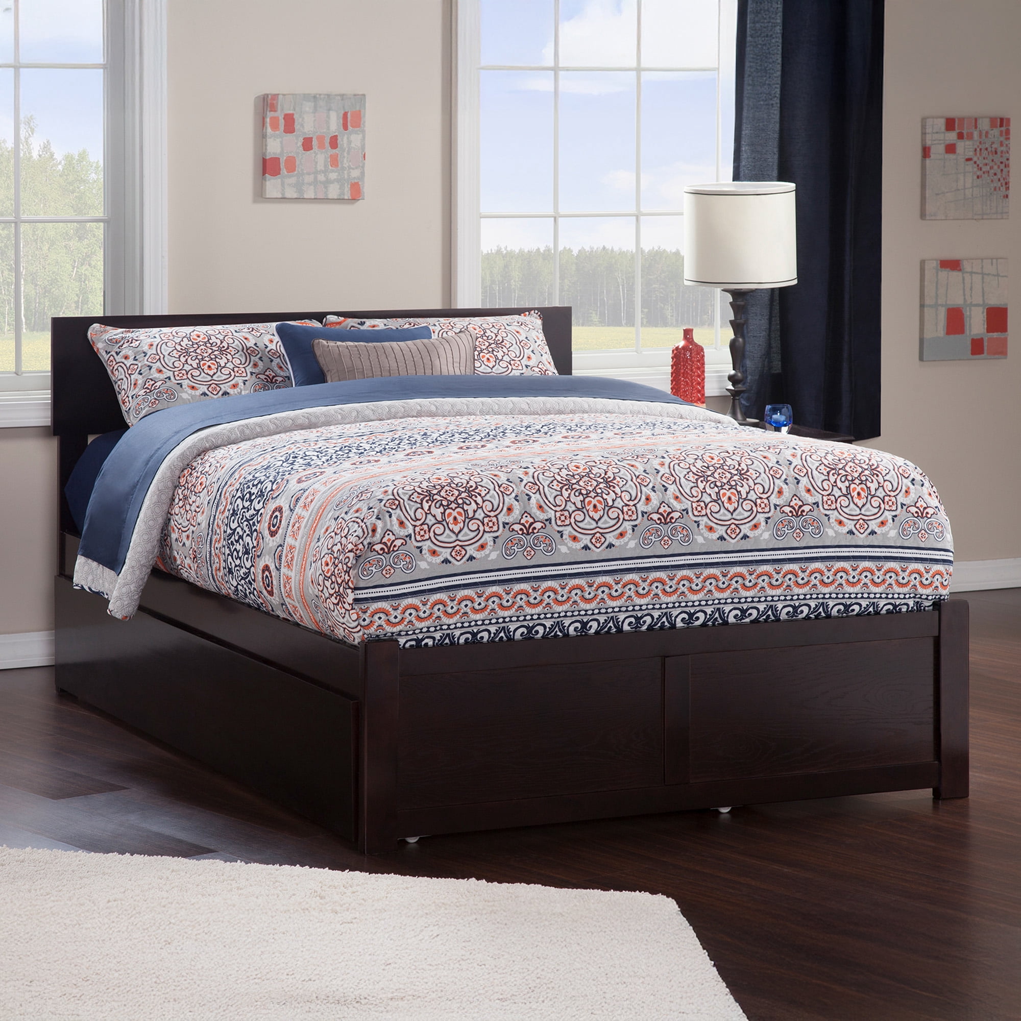 AFI Orlando Queen Wood Platform Bed with Headboard Footboard & Twin XL Trundle, Espresso