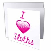 3dRose Pretty Pink Flowery I Love Sloths, Greeting Cards, 6 x 6 inches, set of 6